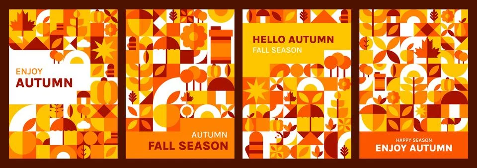 Hello autumn fall posters with geometric pattern Stock Illustration