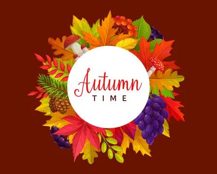 Hello autumn fall wreath with maple and oak leaves Stock Illustration