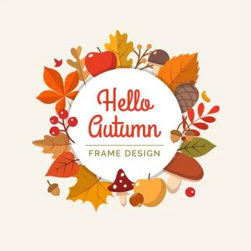 Hello autumn frame in flat style. Frame with different leaves, mushrooms, nuts 库存插图