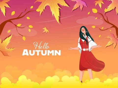 Hello Autumn Gradient Background With Beautiful Young Girl Enjoying. 스톡 일러스트