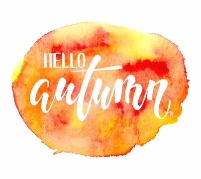 Hello autumn. Hand drawn calligraphy and brush pen lettering on watercolor .. Stock Illustration