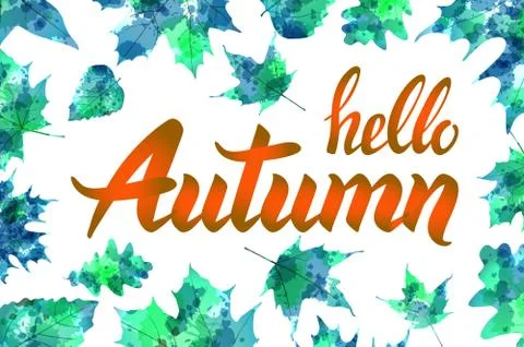 Hello autumn. Hand drawn different colored autumn leaves. Sketch, design el.. Stock Illustration