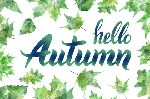 Hello autumn. Hand drawn different colored autumn leaves. Sketch, design el.. Stock Illustration