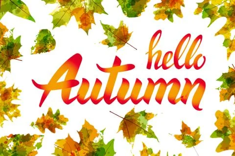 Hello autumn. Hand drawn different colored autumn leaves. Sketch, design el.. Stock Illustration