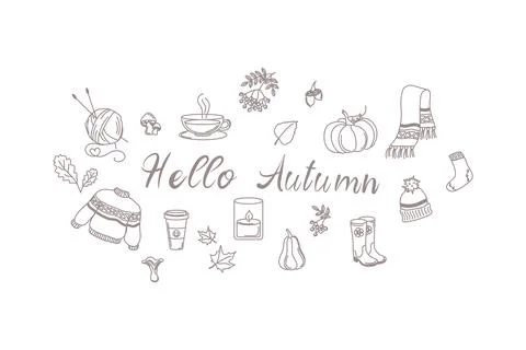 Hello Autumn hand drawn fall designs. Scarf, candle, rowan, hot coffee, tea Stock Illustration