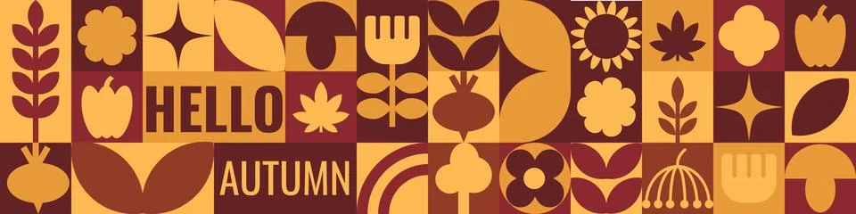 Hello Autumn Horizontal Geometric Grid Banner Design with Leaves and Vegetabl Stock Illustration