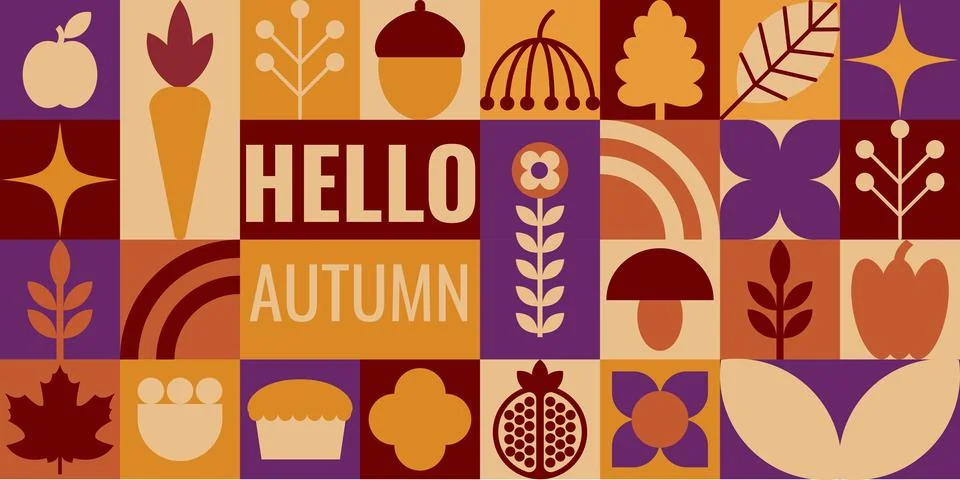 Hello Autumn Horizontal Geometric Grid Banner with Fall Icons Ilustração Stock