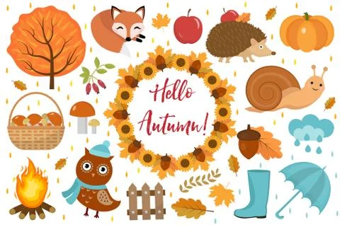 Hello Autumn icons set flat or cartoon style.Collection design elements with  스톡 일러스트