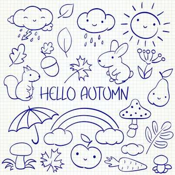 Hello autumn. Kids collection of doodle elements イラスト素材