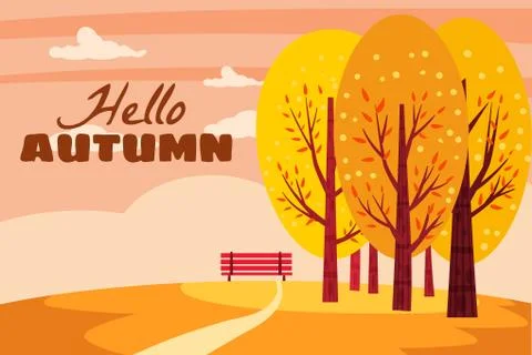 Hello Autumn landscape. Fall trees with yellow orange leaves, lonely bench for Stock Illustration