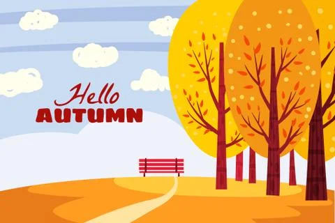 Hello Autumn landscape. Fall trees with yellow orange leaves, lonely bench for Stock Illustration