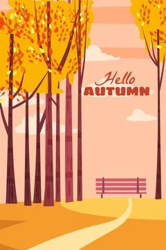 Hello Autumn landscape poster, fall trees with yellow leaves, lonely bench Illustrazione stock