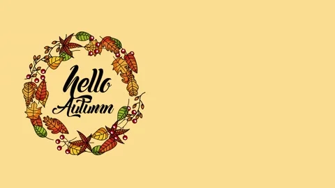 Hello autumn lettering animation within colorful falling leaf wreath on yel.. Stock Footage 333545375