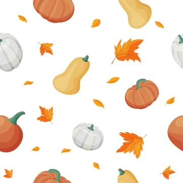 Hello, Autumn. A pattern of ripe pumpkins and leaves on a white background Stock Illustration
