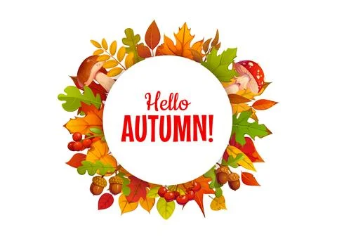 Hello autumn round banner with fall leaves, Stock Illustration