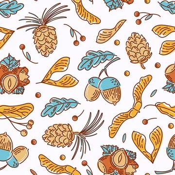 Hello, Autumn. Seamless pattern from nuts and seeds. Acorns with leaves, cedar Stock Illustration
