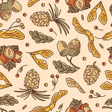 Hello, Autumn. Seamless pattern from nuts and seeds. Acorns with leaves, cedar Stock Illustration