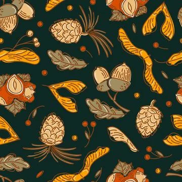 Hello, Autumn. Seamless pattern from nuts and seeds. Acorns with leaves, cedar Stock Illustration