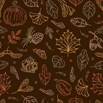 Hello, Autumn. Seamless pattern from nuts and seeds. Acorns with leaves, cedar Stock Illustration