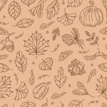 Hello, Autumn. Seamless pattern from nuts and seeds. Acorns with leaves, cedar Stock Illustration