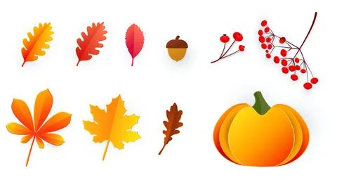 Hello, Autumn. Set of autumn elements in paper cut style. Leaves, berries Illustrazione stock