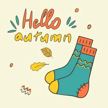 Hello, Autumn. Set of autumn elements with knitted socks and autumn leaves Stock Illustration