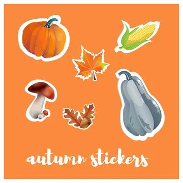 Hello autumn. Set of pumpkin, corn and mushroom stickers. Autumn design ele.. Stock Illustration