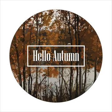 Hello autumn square banner background with autumn forest landscape, golden trees Stock Illustration