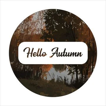 Hello autumn square banner background with autumn forest landscape, golden trees Stock Illustration