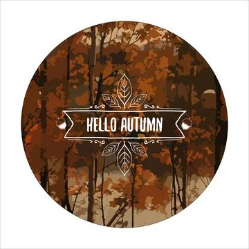Hello autumn square banner background with autumn forest landscape, golden trees Stock Illustration