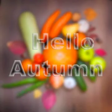 Hello, Autumn Text , background of pumpkins and fruits and vegetables Stock Photos