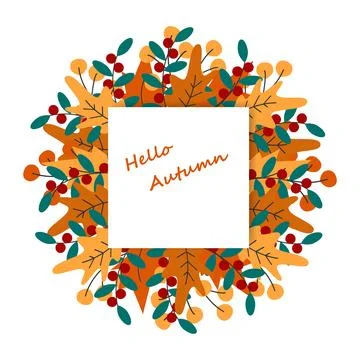 Hello Autumn Text Inside Frame of Fall Leaves on sticker note page Copy space Illustrazione stock
