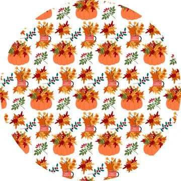 Hello Autumn Text on mug and Pumpkin with Autumn leaves bouquet and Rosehip twig Illustrazione stock