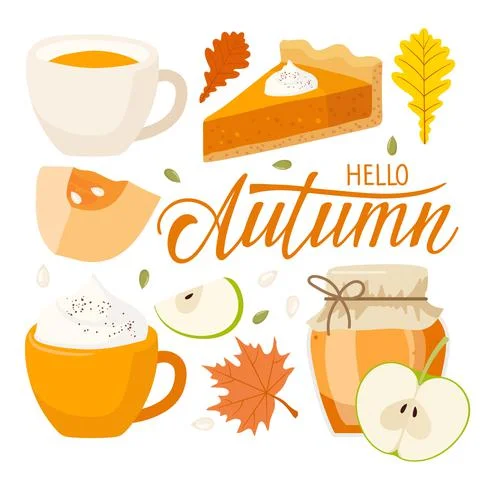 Hello autumn text. Pumpkin, pie, jam, latte, apple, tea, red leaves, handwritten Stock Illustration