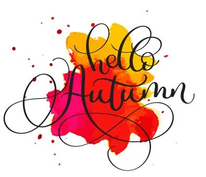 Hello autumn text on red and orange blot background. Hand drawn Calligraphy イラスト素材