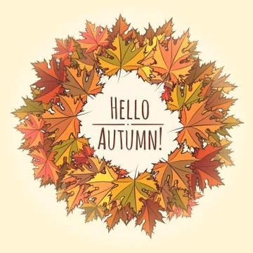 Hello Autumn Theme with Leaf Wreath Stock Illustration