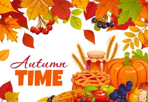 Hello Autumn time poster, fall leaves and harvest Stock Illustration