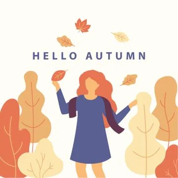 Hello autumn vector flat illustration with cartoon character of cute girl in a Stock Illustration