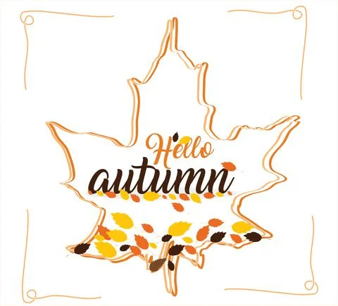 Hello autumn. Vector hand drawl lettering with autumn leaves. Stock Illustration