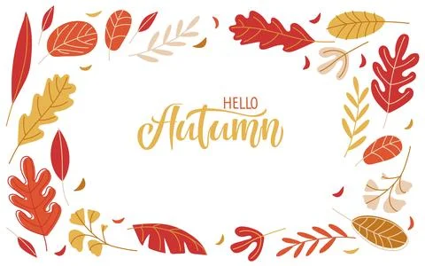 Hello Autumn vector illustration. Falling leaves frame. Hand drawn calligraphy Illustrazione stock