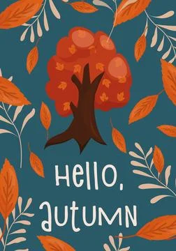 Hello autumn vector illustration. A tree with an orange crown, orange leave.. Stock Illustration