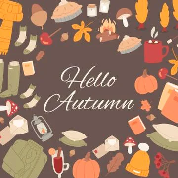 Hello autumn vector set of fall cute objects. Sweater, falling leaves, mushroom Illustrazione stock