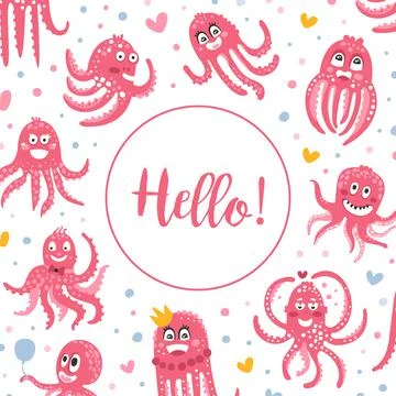 Hello Banner Template with Cute Funny Pink Octopus Seamless Pattern, Banner 스톡 일러스트