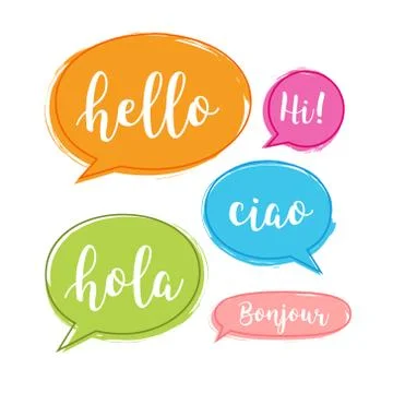 Hello bubble in different language. English, italian, french, spanish speech Stock Illustration