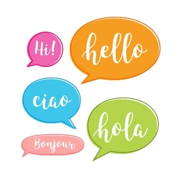 Hello bubble in different language. English, italian, french, spanish speech Stock Illustration