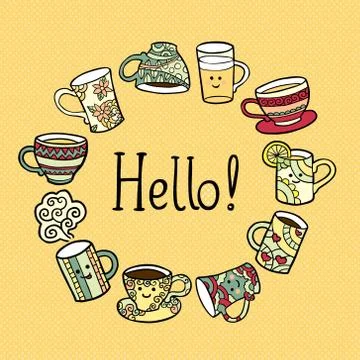 Hello Card with doodle tea cups Stock Illustration