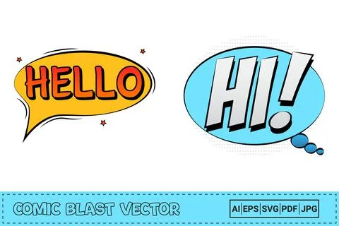 Hello comic pop-up with red and yellow color. Hi comic explosion with white a Stock Illustration