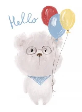 Hello. Cute little white bear with glasses with colorful balloons, cute child Stock Illustration