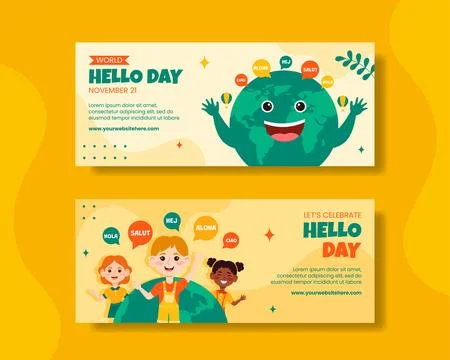 Hello Day Horizontal Banner Flat Cartoon Hand Drawn Templates Background Il.. Stock Illustration