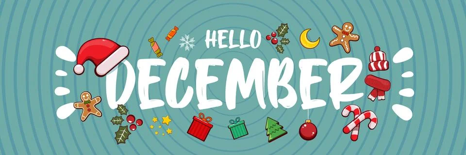 Hello December banner design template with santa hat, christmas tree, candy, hat Stock Illustration